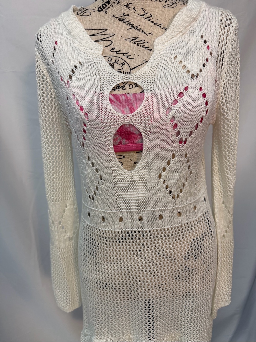 Boho Crochet Knit Cover Up Dress Ivory Sheer Beach Festival Keyhole
